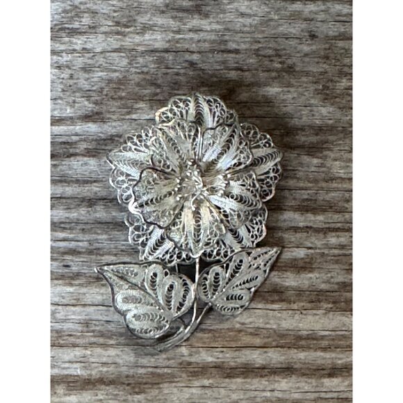 Vintage 925 Silver Filigree Flower Brooch Pin - Picture 3 of 6
